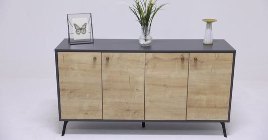 EMMA Sideboard | Buffet Cabinet with Storage | 4-Door Sideboard Cabinet | Multifunctional Buffets & Sideboards | Credenza with Soft Closing Hinges | Media Console Table with Storage (Dark Gray, Oak)